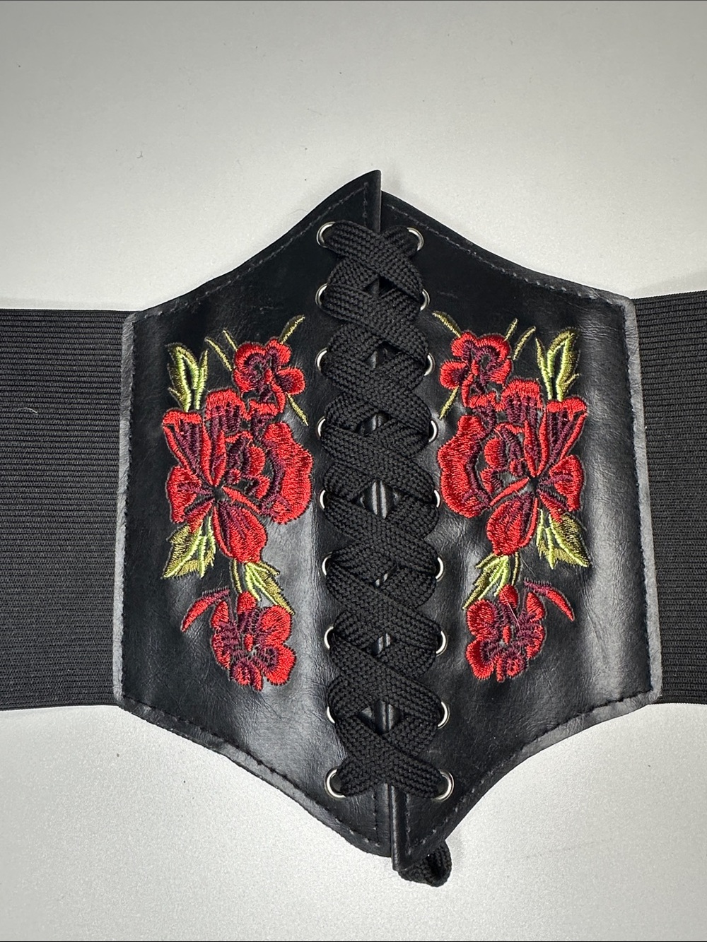 Embroidered Red Rose Lace-Up Black Waist Cincher Belt Embroidery M